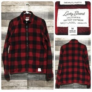 Lucky Brand Sheerless Buffalo Plaid Fleece Jacket Men’s M Red Black Full Zip